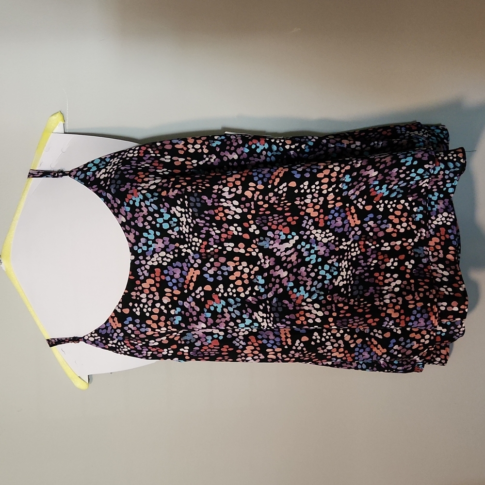 Zac & Rachel multi-colored top with spaghetti straps. Black background w/ colors